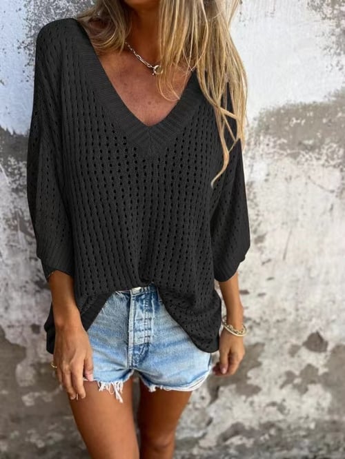 🔥Varmt salg 49% RABATT🔥Hullstrikket topp med V-utringning🍀