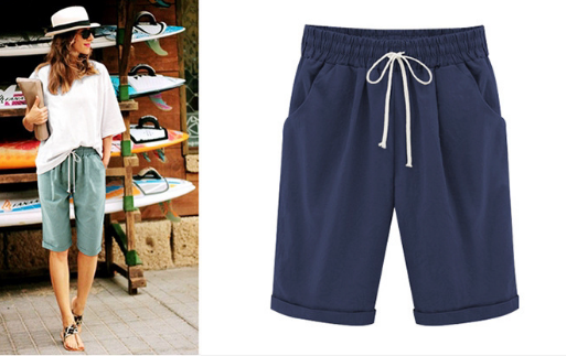 Plus Size ensfargede, elastiske shorts i løs størrelse