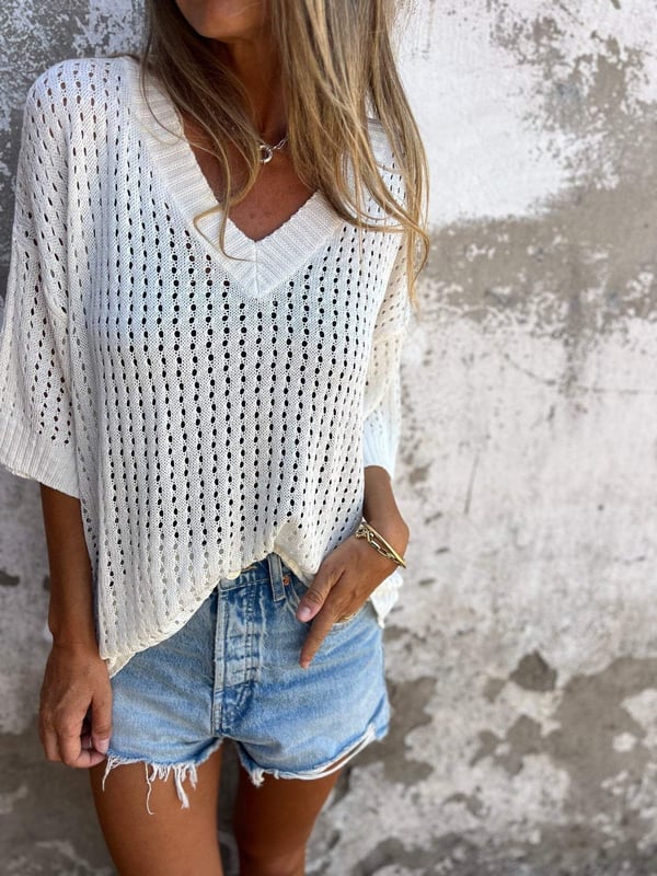 🔥Varmt salg 49% RABATT🔥Hullstrikket topp med V-utringning🍀