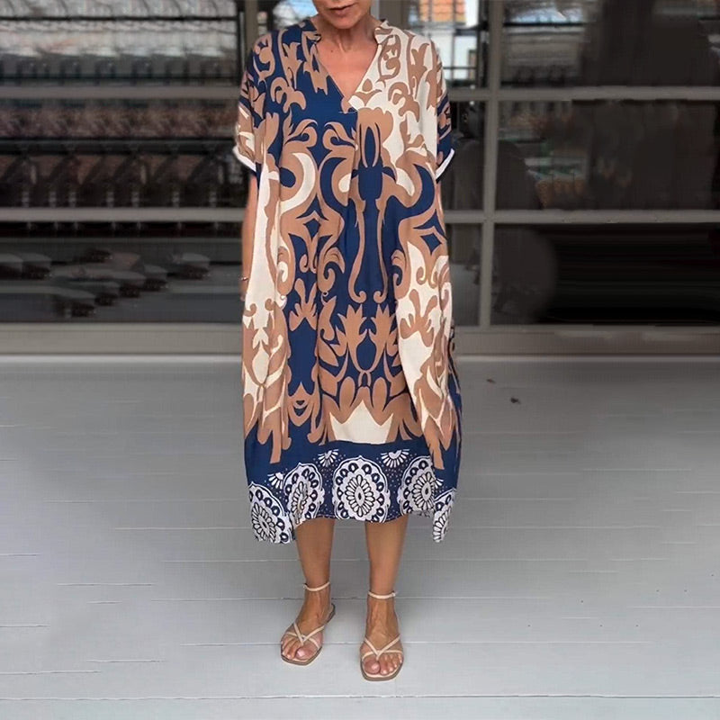 👗 Løs midikjole med V-hals og trykk🦋
