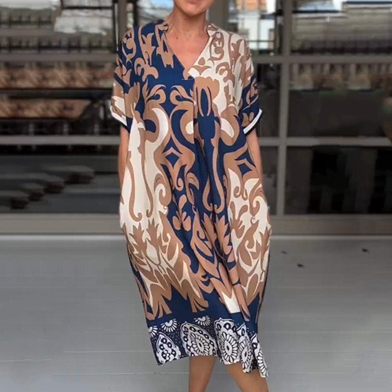 👗 Løs midikjole med V-hals og trykk🦋