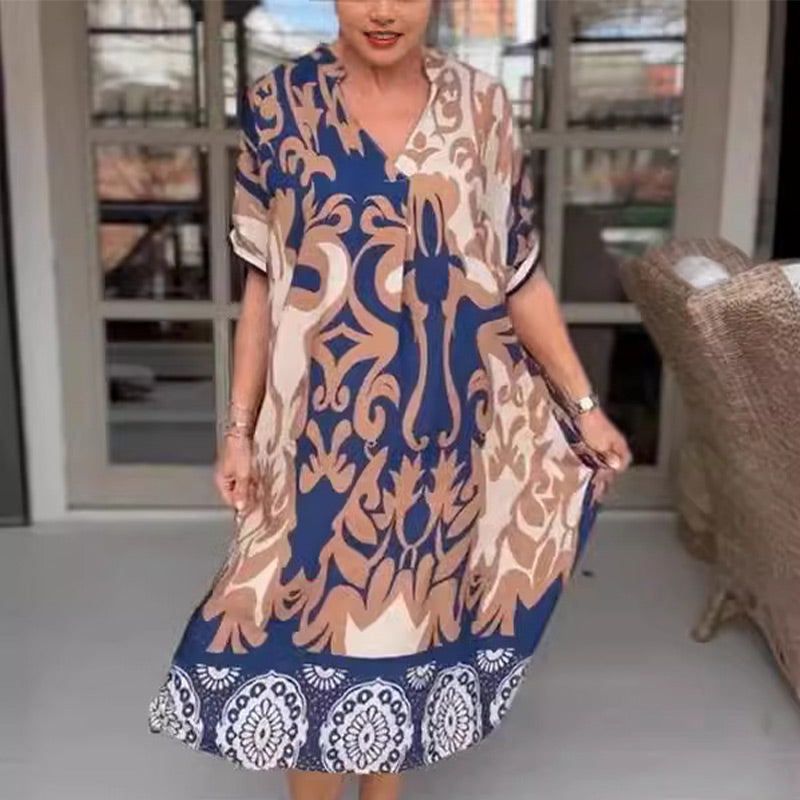 👗 Løs midikjole med V-hals og trykk🦋