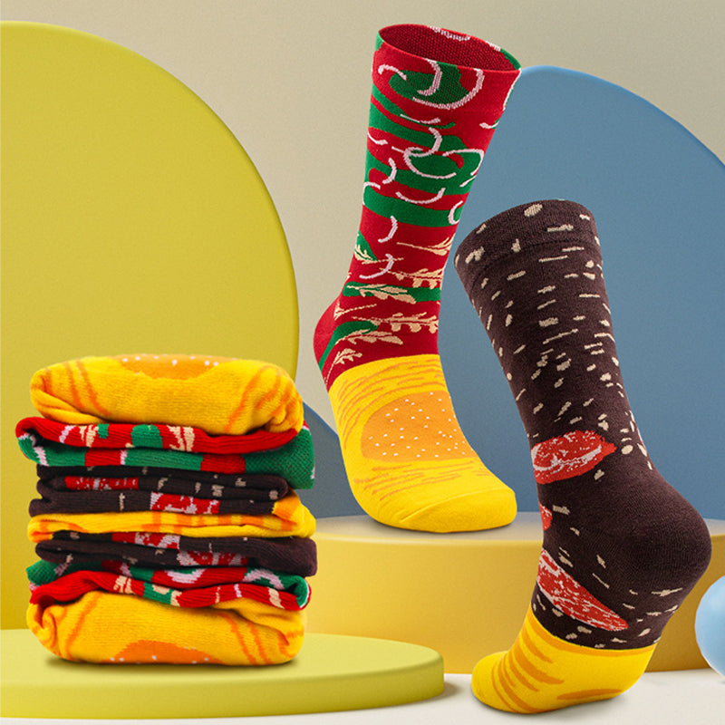🎄Julekampanje 50% AVSLAG🎅✨3 par julekreative, uformelle, pustende hamburgersokker