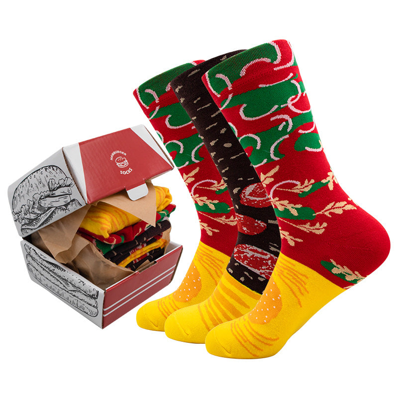 🎄Julekampanje 50% AVSLAG🎅✨3 par julekreative, uformelle, pustende hamburgersokker
