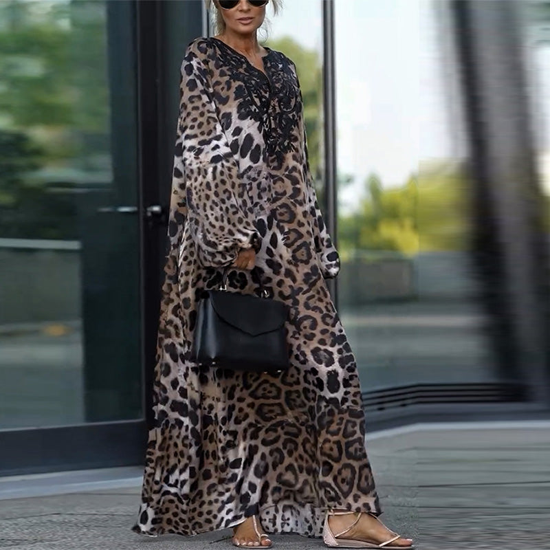 🤩Uformell langermet damekjole med leopardmønster