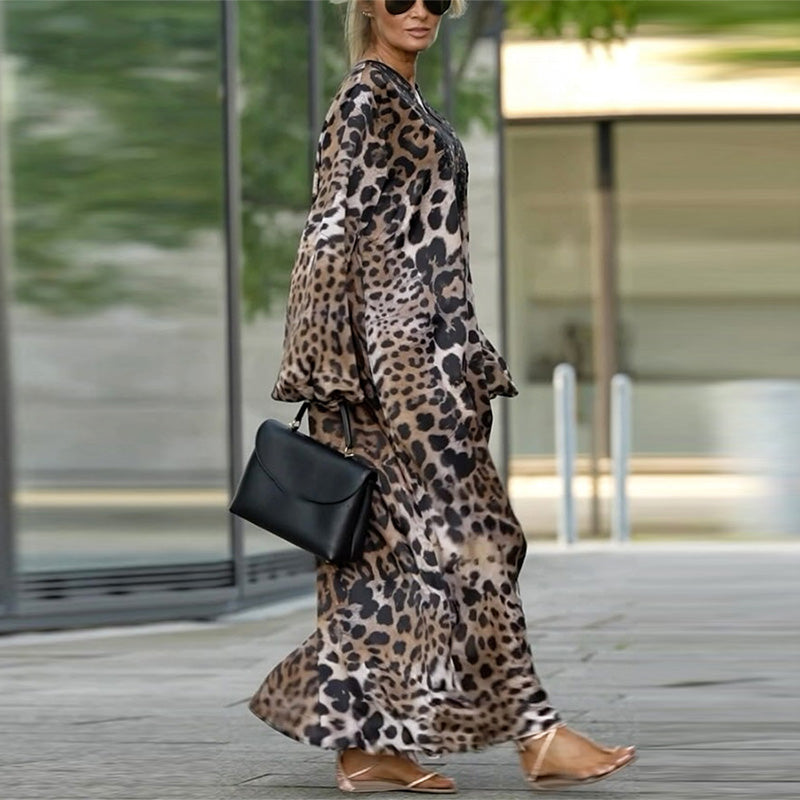 🤩Uformell langermet damekjole med leopardmønster