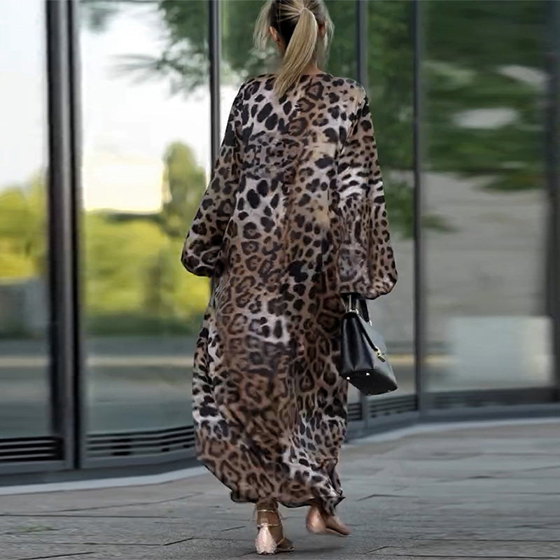 🤩Uformell langermet damekjole med leopardmønster