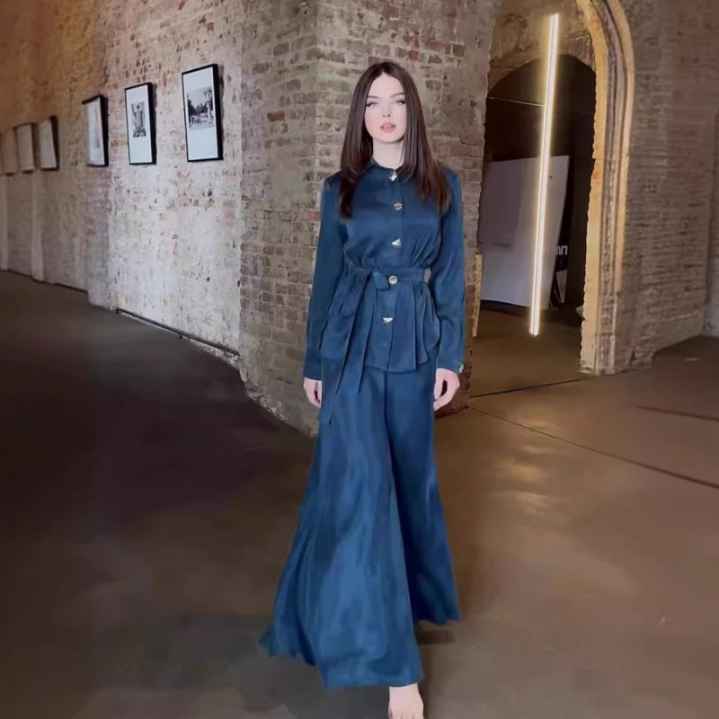 Skjorte med slips i midjen og elegant langt skjørtsett for kvinner