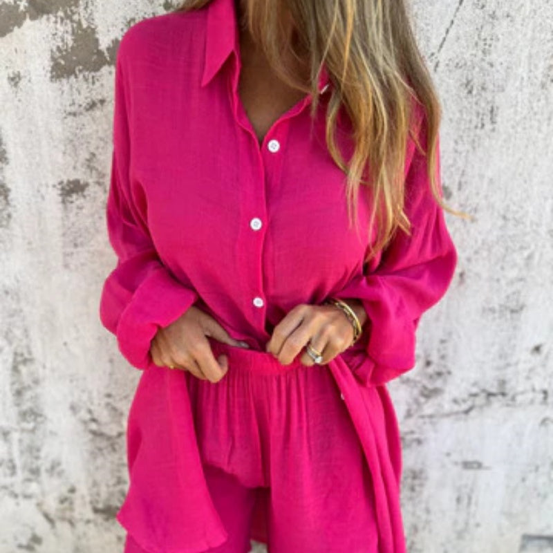 🎉🛍️To-delt sett med langermet skjorte og shorts for kvinner
