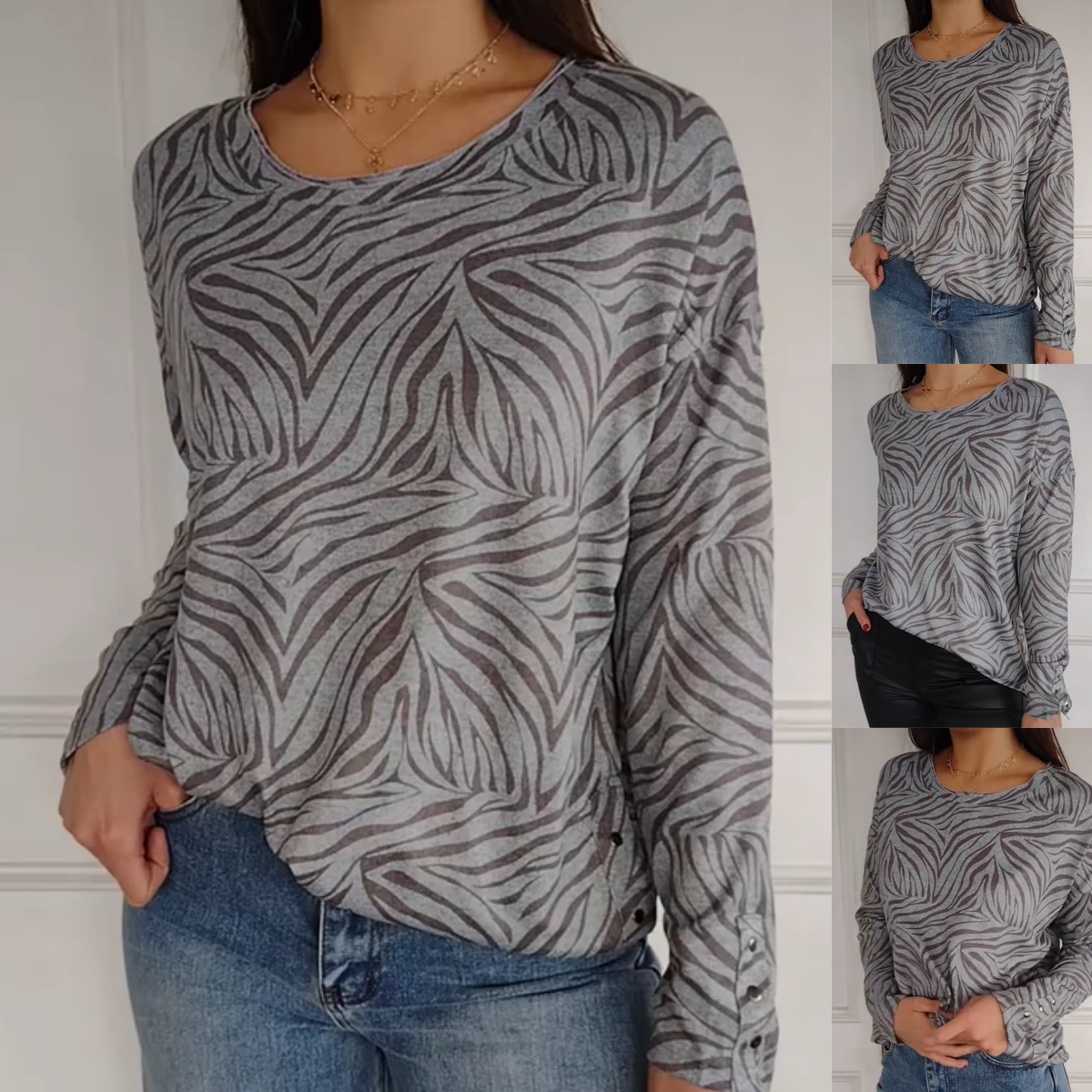 🔥STORT SALG - 50 % RABATT🔥Printed langermet topp med rund halsutringning for kvinner