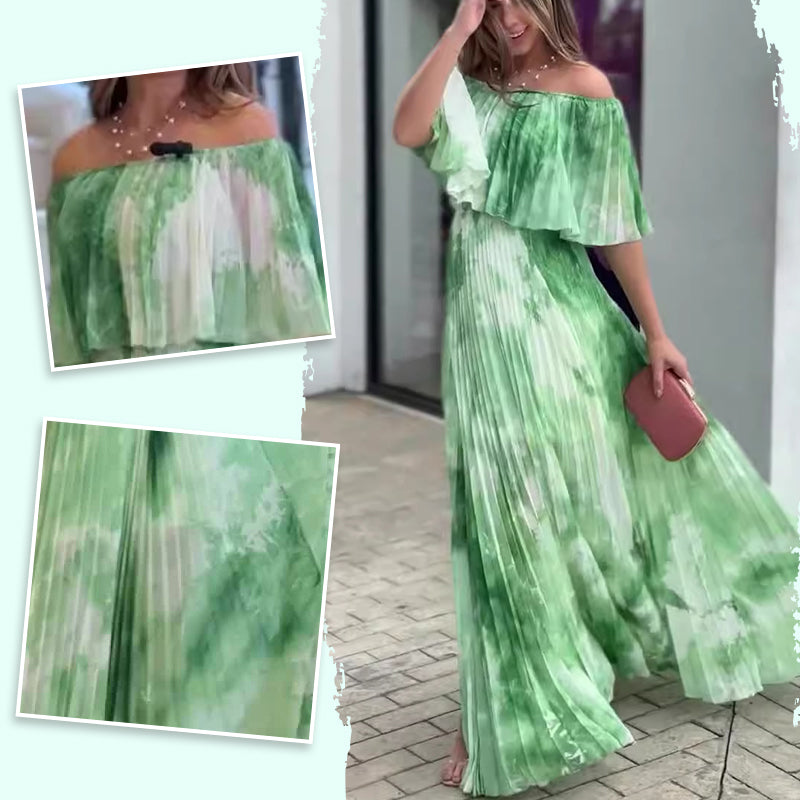 Trykt plissert off-shoulder kjole for kvinner