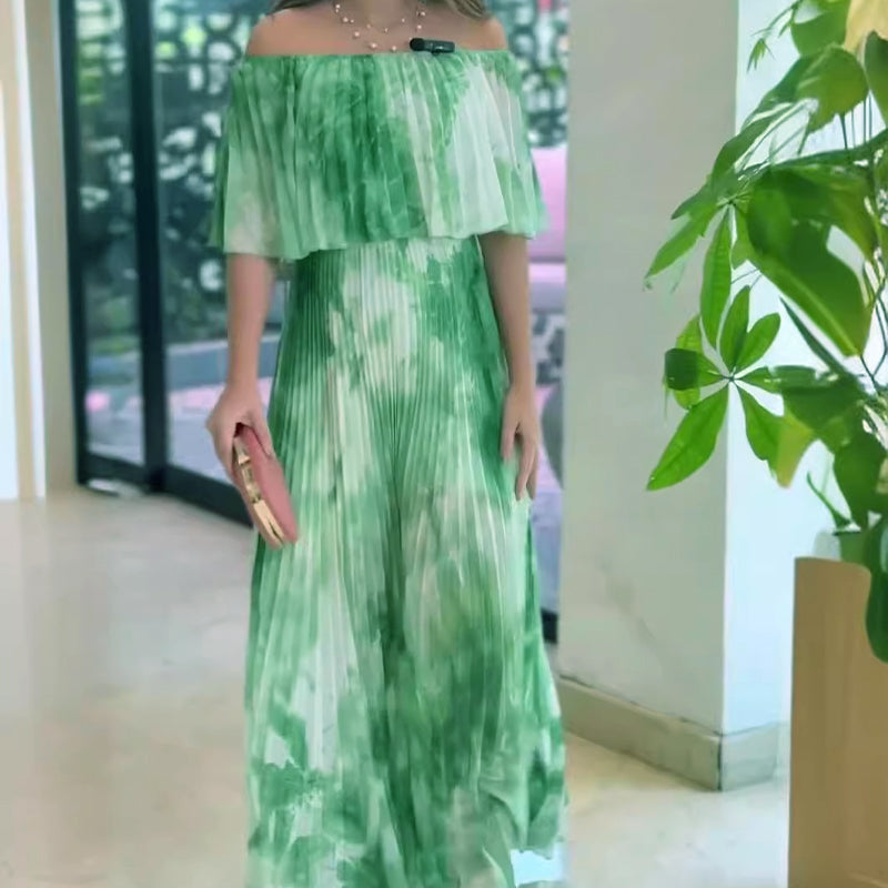 Trykt plissert off-shoulder kjole for kvinner