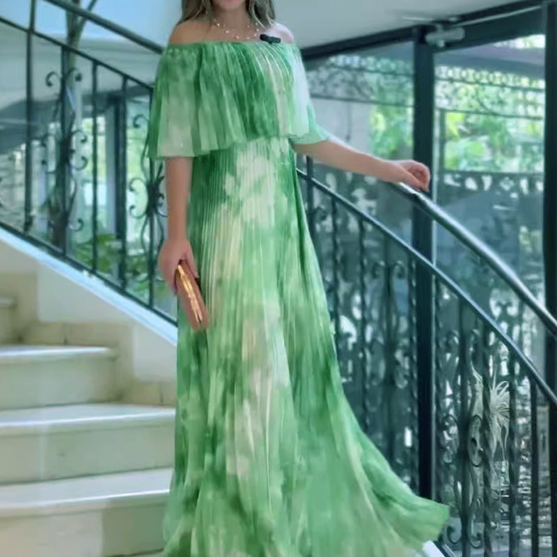 Trykt plissert off-shoulder kjole for kvinner
