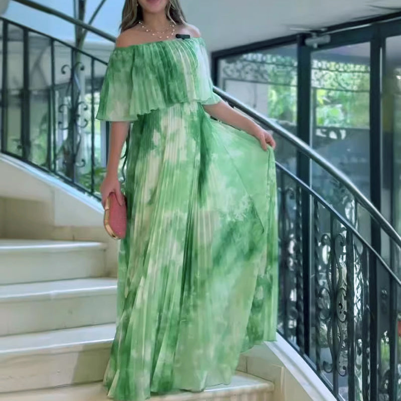 Trykt plissert off-shoulder kjole for kvinner