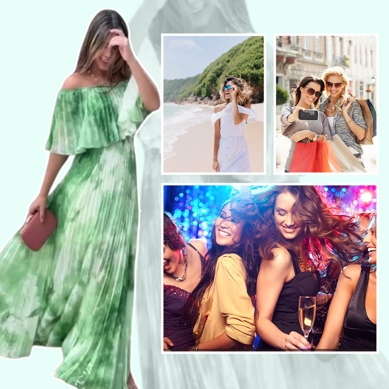 Trykt plissert off-shoulder kjole for kvinner