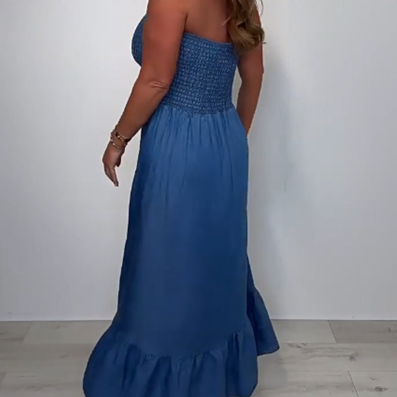 Denim maxi-kjole med halterhals for kvinner