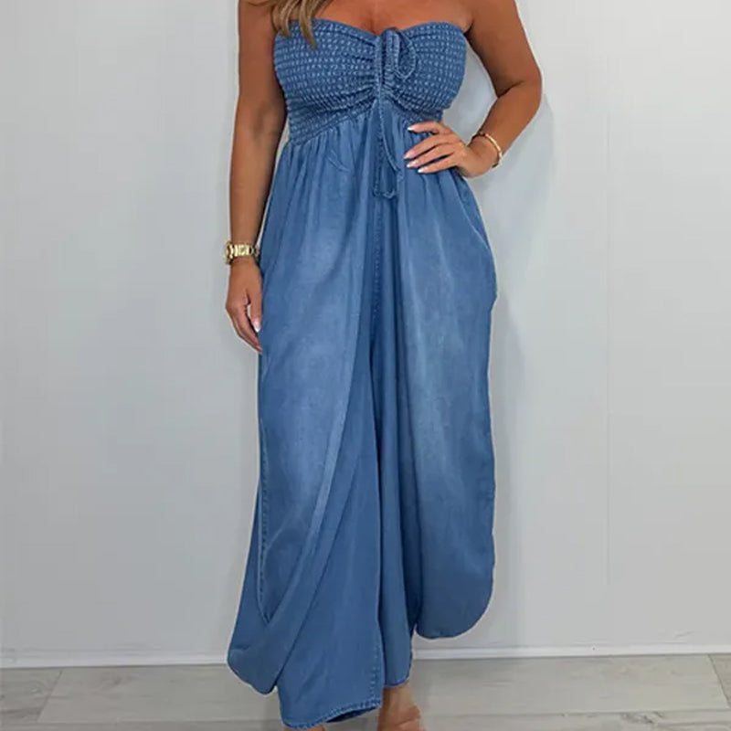 Denim maxi-kjole med halterhals for kvinner