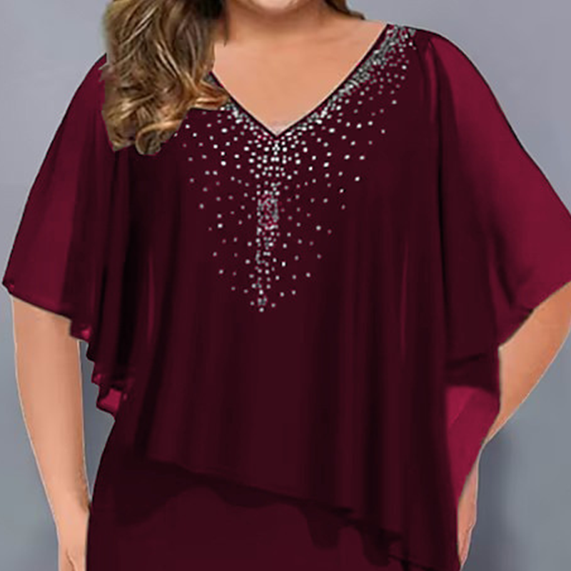 V-hals kappekjole med rhinestones og chiffongoverlegg🔥Kjøp 2 og få gratis frakt