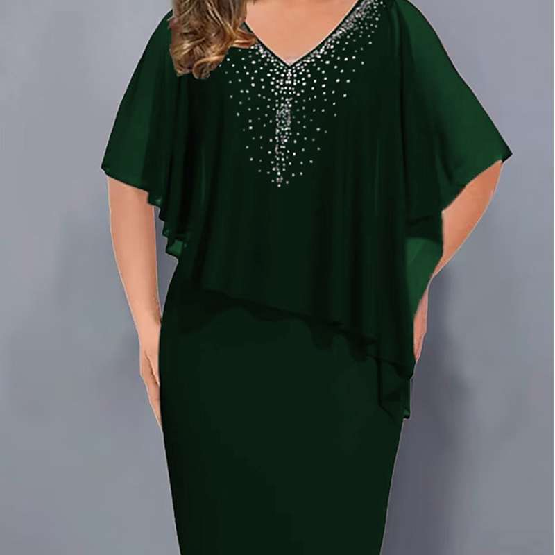 V-hals kappekjole med rhinestones og chiffongoverlegg🔥Kjøp 2 og få gratis frakt