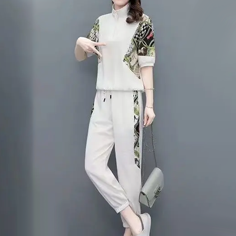 Damen Floral Patchwork Sport Kortærmet Top & Casual Buksesett
