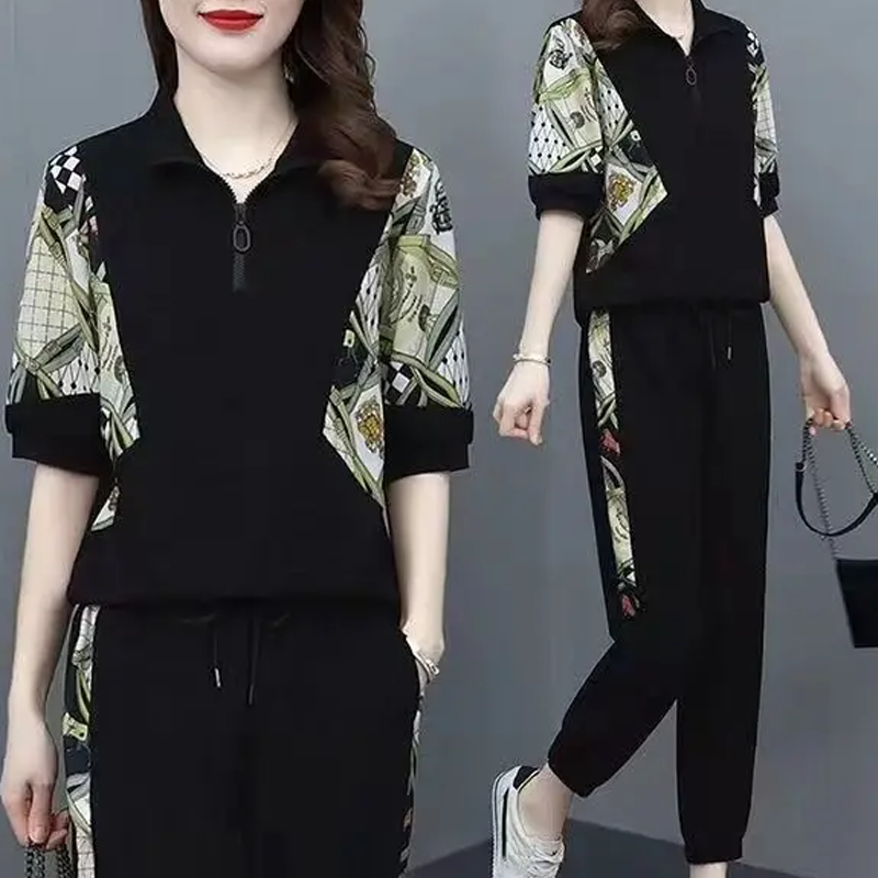 Damen Floral Patchwork Sport Kortærmet Top & Casual Buksesett