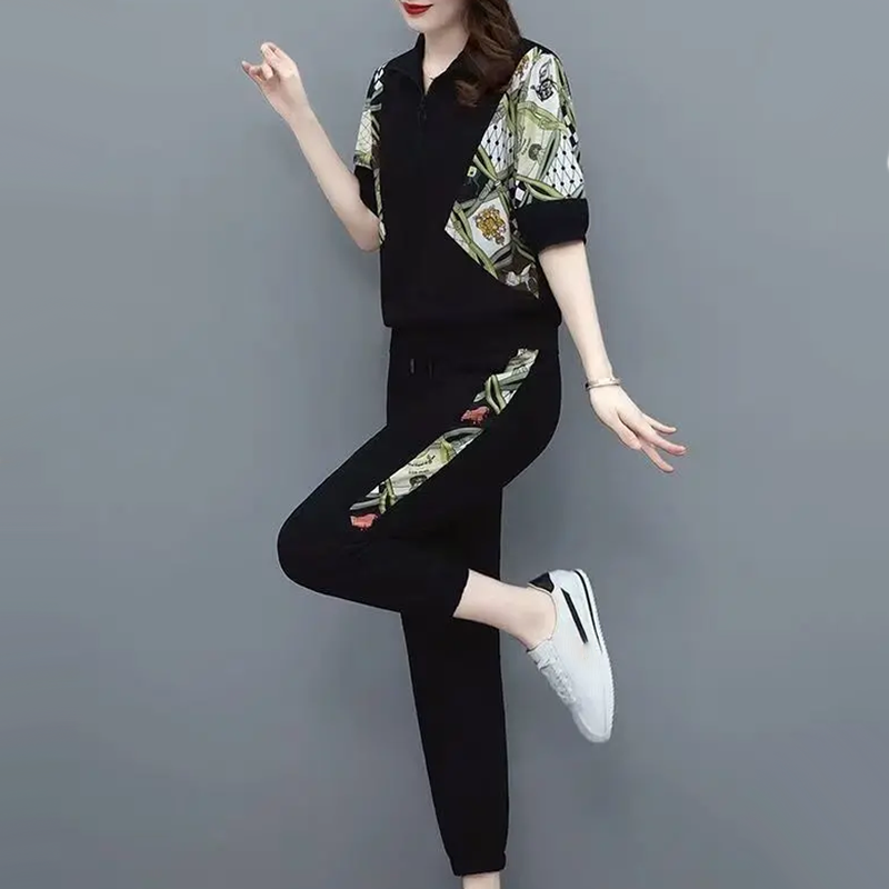 Damen Floral Patchwork Sport Kortærmet Top & Casual Buksesett