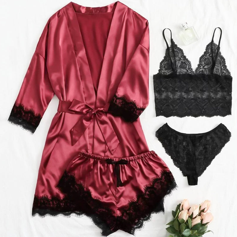 Blonde Satin Suspender Nightgown Four-piece Set
