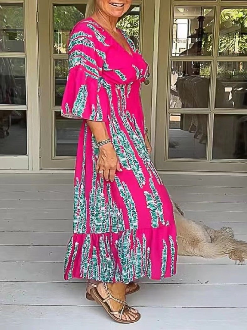 Morsdag varmt salg đ„Casual Print V-Hals midje wrap lang kjole med trykk