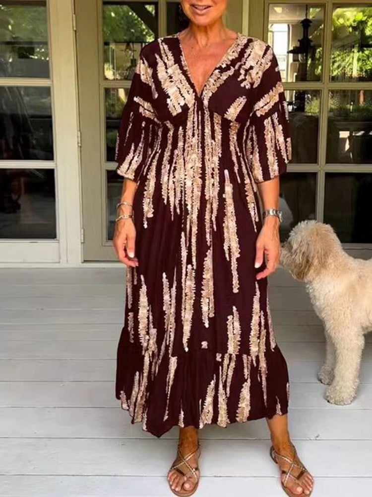 Morsdag varmt salg đ„Casual Print V-Hals midje wrap lang kjole med trykk