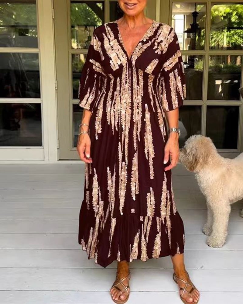 Morsdag varmt salg đ„Casual Print V-Hals midje wrap lang kjole med trykk