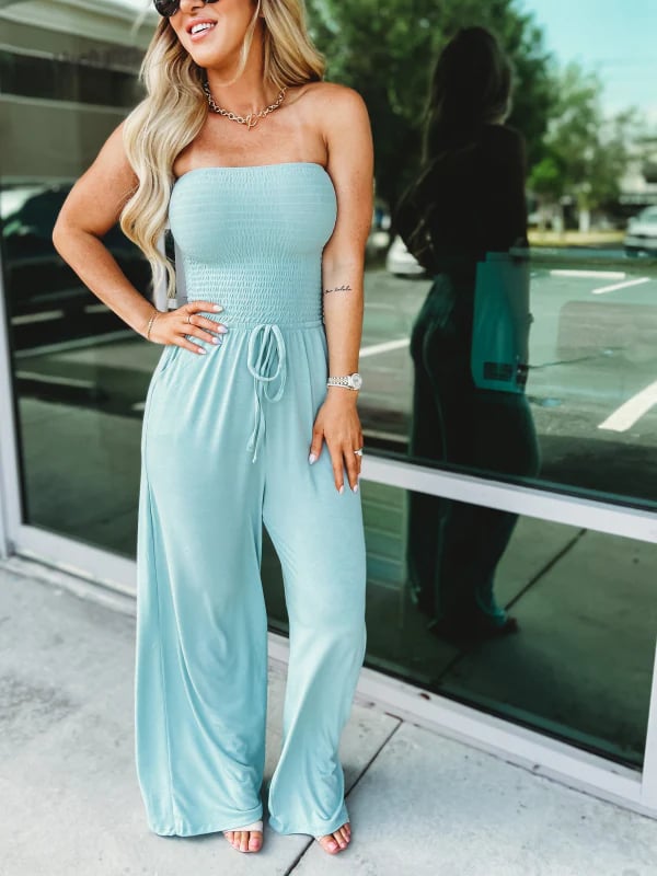 đ„2023 Varmt salg 49% avslag-Off Shoulder Solid Color Smocked Jumpsuit