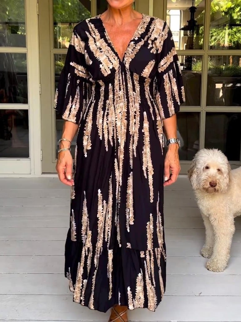 Morsdag varmt salg đ„Casual Print V-Hals midje wrap lang kjole med trykk