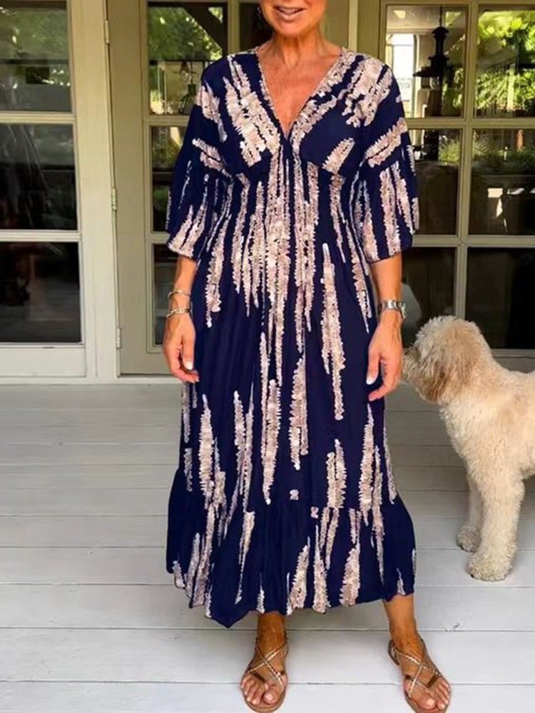 Morsdag varmt salg đ„Casual Print V-Hals midje wrap lang kjole med trykk