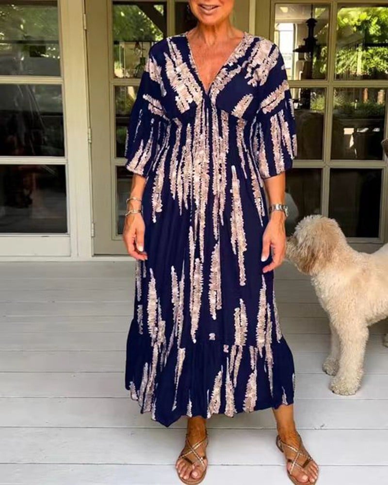 Morsdag varmt salg đ„Casual Print V-Hals midje wrap lang kjole med trykk