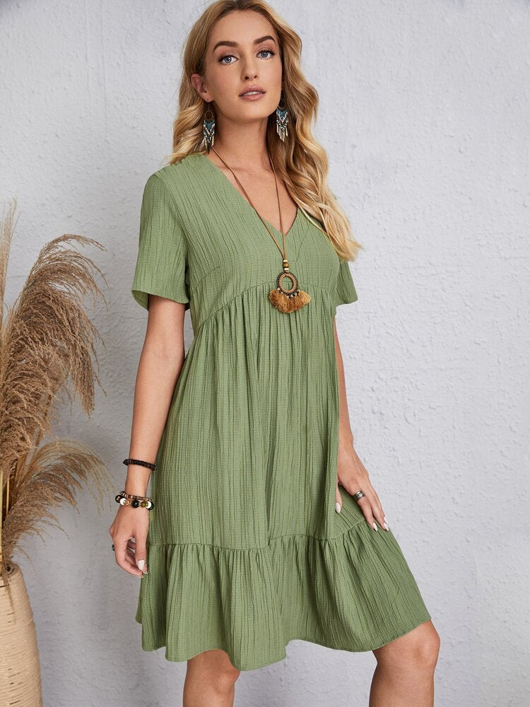 👚💃Retro V-utringning løs hverdagskjole