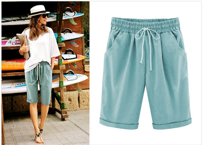 Plus Size ensfargede, elastiske shorts i løs størrelse