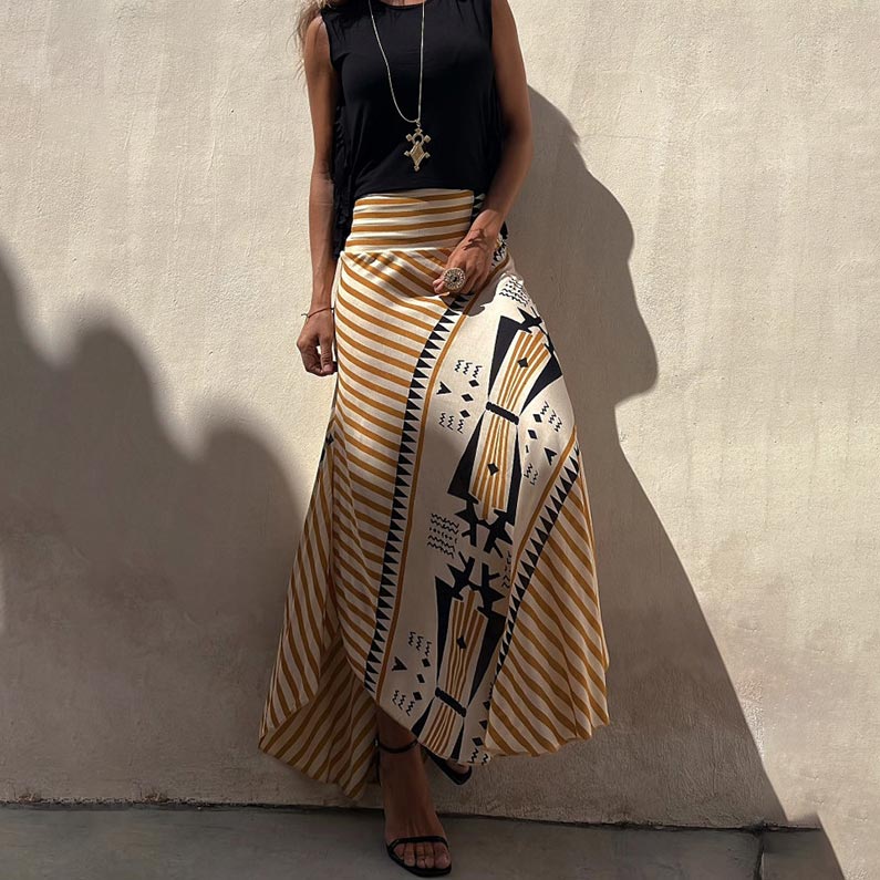 Women’s Satin Geometric Print Elastic-waist Maxi Skirt