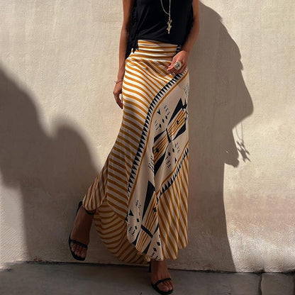 Women’s Satin Geometric Print Elastic-waist Maxi Skirt