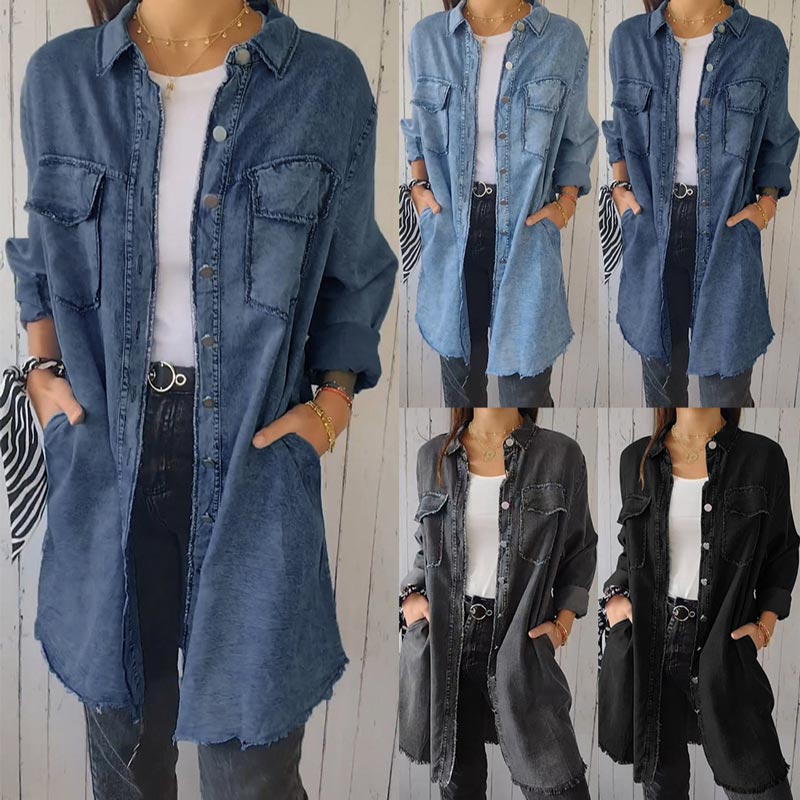 Damenes Faux Denim Komfortabel jakkeskjorte med revers