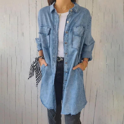 Damenes Faux Denim Komfortabel jakkeskjorte med revers