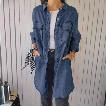 Damenes Faux Denim Komfortabel jakkeskjorte med revers