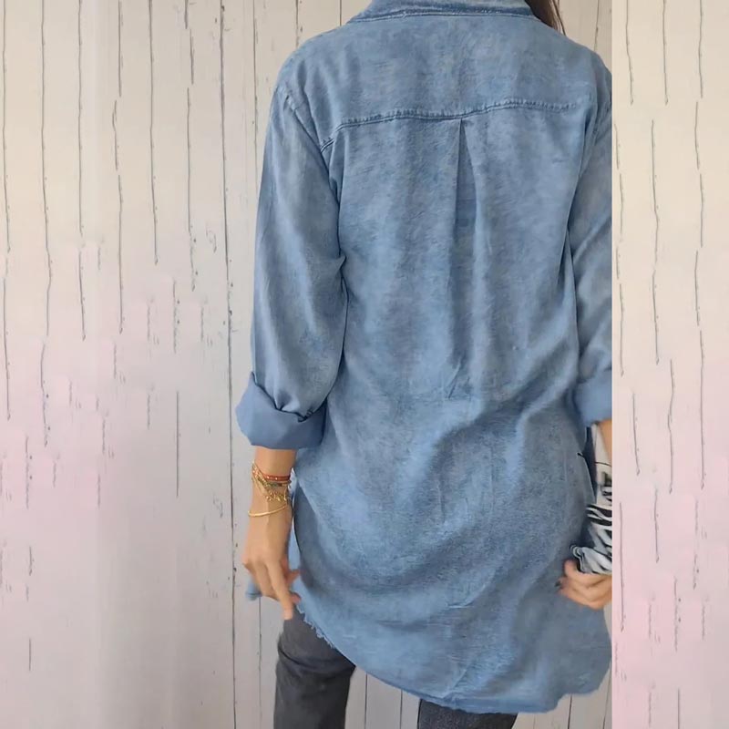 Damenes Faux Denim Komfortabel jakkeskjorte med revers