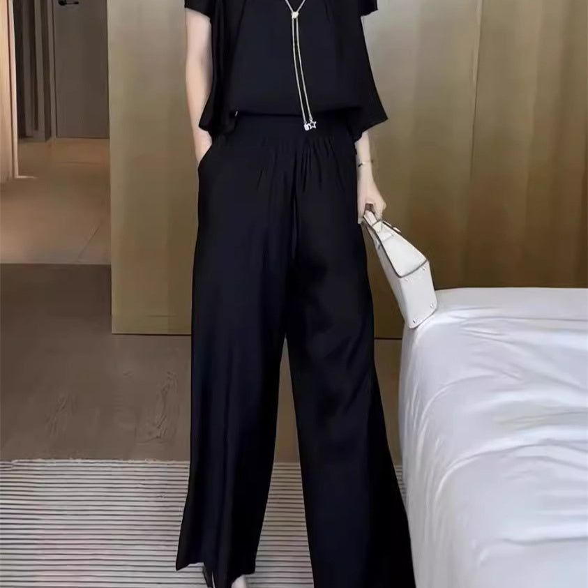 Elegant Solid Color Top Loose Pants 2-Piece Set