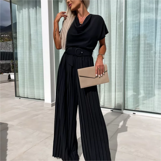 🔥50% rabatt🔥Ensfarget jumpsuit med høy midje og foldede ben