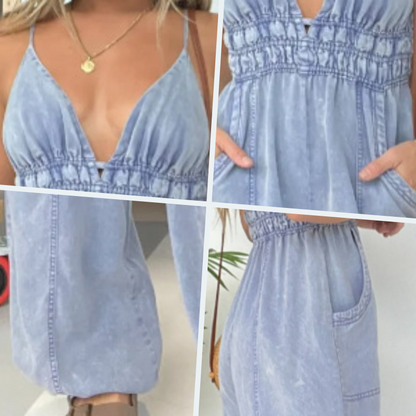 Dame Denim Jumpsuit med Dyp V-hals