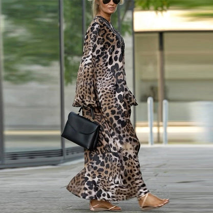 🤩Uformell langermet damekjole med leopardmønster