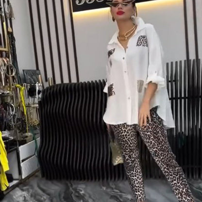Uformelt, trendy to-delt sett med leopardmønster for kvinne
