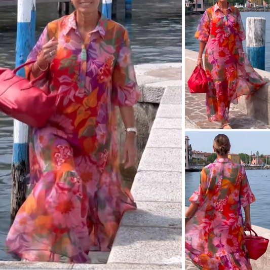 Rød, blomstret chiffonkjole med trykk