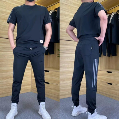Herresett med høy stretch, kortermet topp og joggebukse med 2 stk.