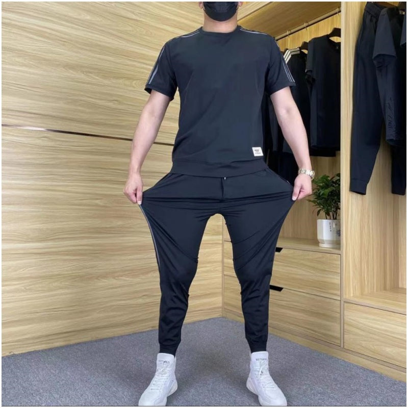 Herresett med høy stretch, kortermet topp og joggebukse med 2 stk.
